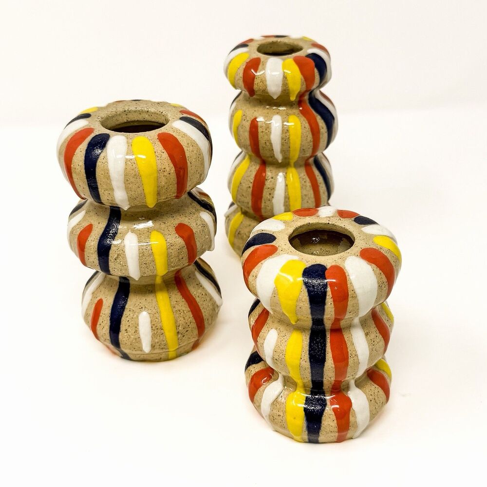 Vintage Postmodern Memphis Ceramic Vase Candle Holders Set 3 Striped Pottery